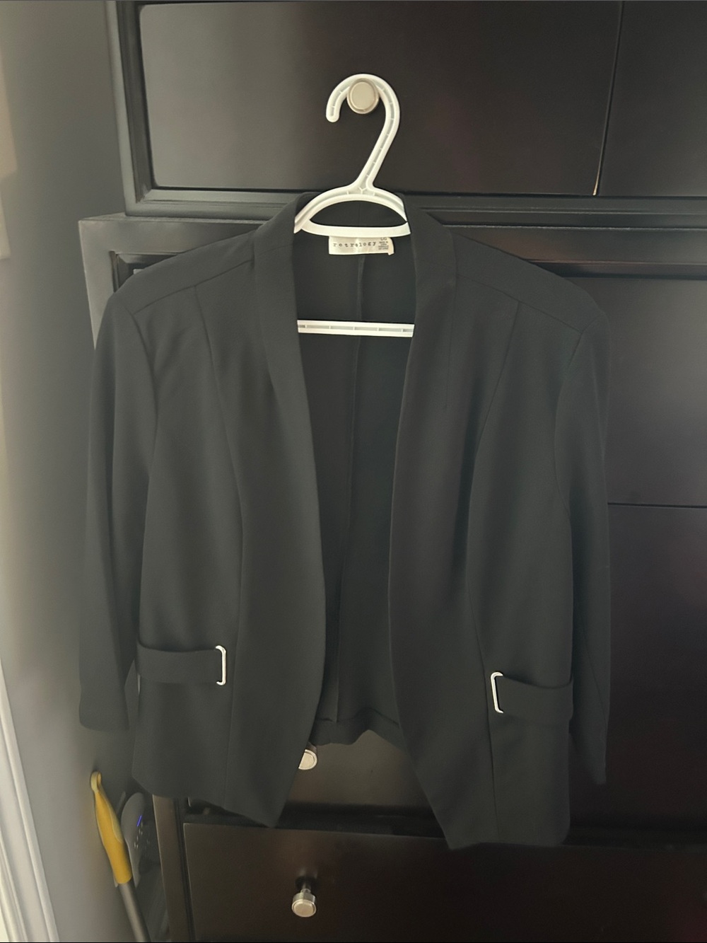Women's Black Open-Front Blazer with Buckle Detail